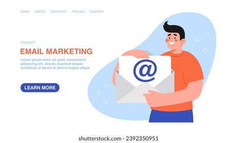 Vector illustration for poster, website, banner with man holds envelope with letter. Email marketing and newsletter, discounts and promo codes for subscription or targeting, information concept.
