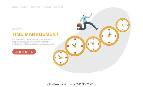 Vector illustration for poster, website, banner with man runs on the clocks. Managing work time and planning the working day, observing calendar schedule and meeting project deadlines, time management