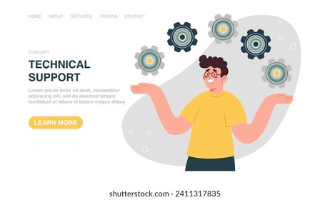 Ilustración vectorial para afiches, sitio web, banner con engranajes de malabarismo masculino. Analizar el problema para encontrar una solución de negocios que resuelva problemas, experiencia o habilidades para lograr el éxito, soporte técnico, servicio