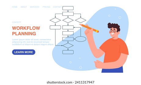Ilustración vectorial para afiche, sitio web, banner con el esquema de dibujos de hombre con lápiz. Seguir de cerca los progresos del proceso de trabajo, completar con éxito las tareas que se realizan para alcanzar los objetivos, superar las dificultades.