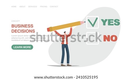 Vector illustration for poster, website, banner with man making yes or no choice. Making business decisions, choosing alternative yes or no, rational thinking to have confidence in strategy or plan.