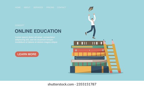 Vector illustration for poster, website or web page, banner. Online education, getting new knowledge, concept of reading books for the development of intellect and thinking, advanced training courses.
