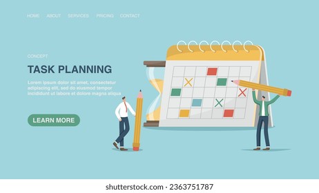 Vector illustration for poster, website, web page, banner with people near the calendar. Calendar schedule, work planning and organization, time management, business schedule of meetings and events.