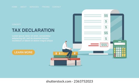 Vector illustration for poster, website, web page, banner with a man filling out a tax declaration online in a laptop. Monthly or quarterly payments for taxes or utility bills, tax planning.