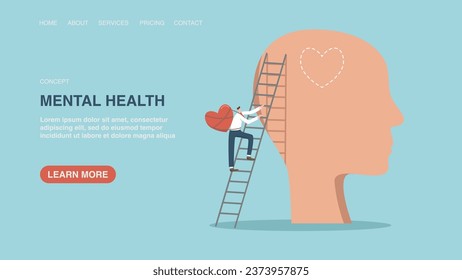 Vector illustration for poster, website or web page, banner with man with heart climbs ladder to head. Mental health, separate work and personal life, emotional intelligence, feelings and emotions.