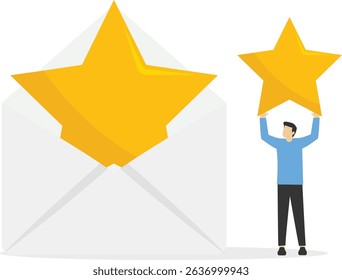 Vector illustration for poster, website or web page, banner with man on ladder in envelope points to rating. User experience, positive customer feedback for product or satisfaction rating, reviews. st