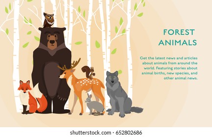 Vector illustration poster with wild forest animals and place for text. Fox, bear, owl, deer, squirrel, hare and wolf.