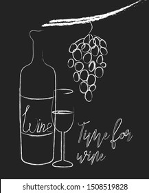 Vector illustration for poster of wine, grapes and text "wine power". Black and white illustration of white, manually drawing style