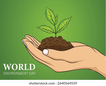 Vector illustration poster of world environment day female holding tree on hand with green color background.