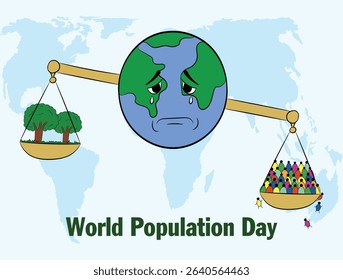 Vector illustration poster of world population day, with crying earth weighing scale balance showing increasing population and decrease in environmental balance.