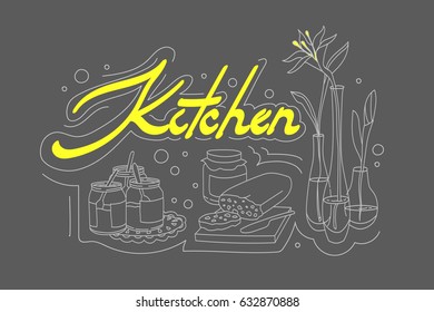 Vector illustration. Poster with yellow text, outline image of food, drinks and flowers in vases.
