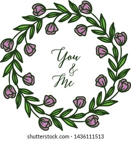 Vector illustration poster you and me for various texture purple flower frame