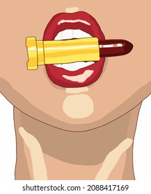 Vector illustration for poster. Illustration of young beautiful girl with red lipstick. Woman applying red lipstick on her lips.  