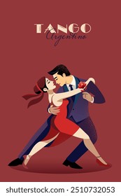 Ilustração vetorial para um cartaz-banner de um casal de tango em estilo de design plano. O homem de terno e a mulher de vestido vermelho dançam apaixonadamente