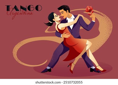 Ilustração vetorial para um cartaz-banner de um casal de tango em estilo de design plano. O homem de terno e a mulher de vestido vermelho dançam apaixonadamente