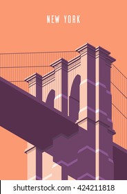 Ilustración vectorial. Poster.Brooklyn Bridge, atracción turística desde una perspectiva isométrica en Nueva York. Estilo de caricatura. Vector de stock