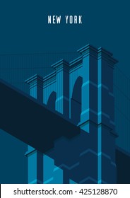 Vector illustration. Poster.Night Brooklyn Bridge, tourist attraction in the isometric perspective in New York. Cartoon style.