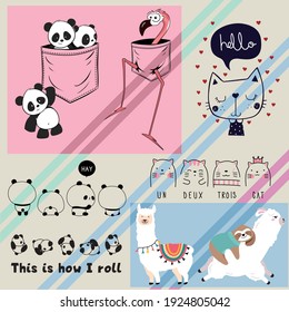 vector illustration for posters, cards, t-shirts. Cute sloth, panda, cat, flamingo, Llama