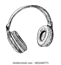 Vector illustration for posters, decoration and print. Hand drawn sketch of headphones isolated on white background. Detailed vintage woodcut style drawing.