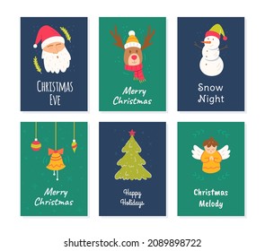Ilustración vectorial de los afiches. Postales de color con reno, Papá Noel, ángel, muñeco de nieve y otros personajes de Año Nuevo. 