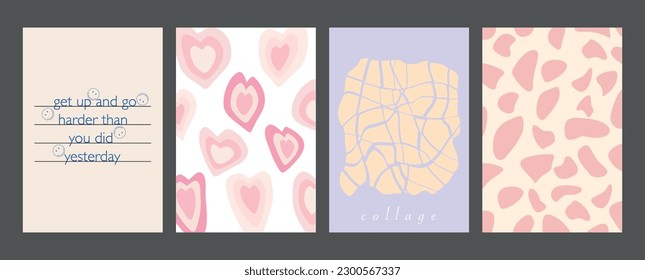 Vector illustration. Posters in trendy y2k style with cow print, lettering, emoticons and collage. Modern minimalist print. Perfect as a background pattern, textile design and home decor.