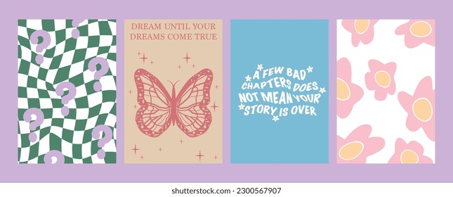 Vector illustration. Posters in trendy y2k style with checkerboard, lettering, butterfly, stars and flowers. Modern minimalist print. Perfect as a background pattern, textile design and home decor.
