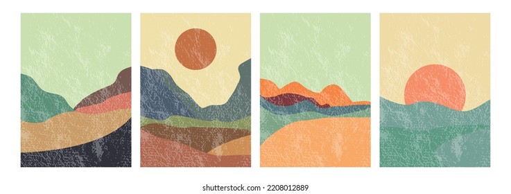 Vector illustration. Posters with views of mountains, hills, sun and moon. Flat abstract design. A set of four illustrations. Perfect for home decor, prints, covers and screensavers.