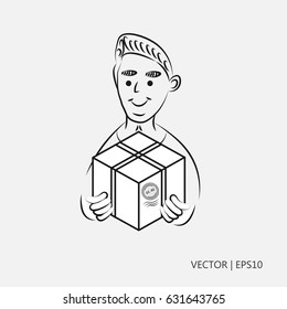 Vector illustration. A postman delivering a parcel. Courier with parcel. Sketch. Drawing for children. Flat icon