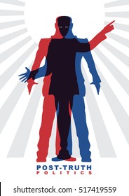 Vector illustration of Post-truth politics. Two male silhouettes in suits, who constitute the other silhouettes. Concept of social theme.