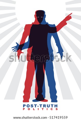 Vector illustration of Post-truth politics. Two male silhouettes in suits, who constitute the other silhouettes. Concept of social theme.