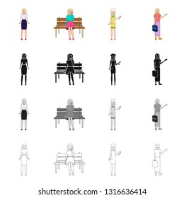 Vector illustration of posture and mood icon. Set of posture and female stock vector illustration.