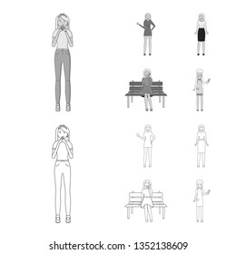 Vector illustration of posture and mood icon. Set of posture and female stock symbol for web.