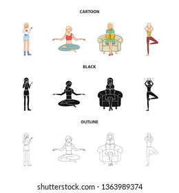 Vector illustration of posture and mood icon. Set of posture and female stock vector illustration.