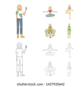 Vector illustration of posture and mood icon. Set of posture and female vector icon for stock.