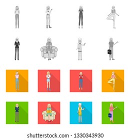 Vector illustration of posture and mood logo. Set of posture and female vector icon for stock.