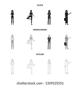 Vector illustration of posture and mood sign. Set of posture and female stock symbol for web.