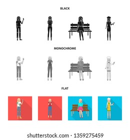 Vector illustration of posture and mood symbol. Set of posture and female stock symbol for web.