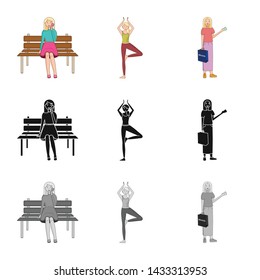 Vector illustration of posture and mood symbol. Set of posture and female vector icon for stock.