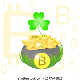 Vector illustration with pot of bitcoins with clover leaves