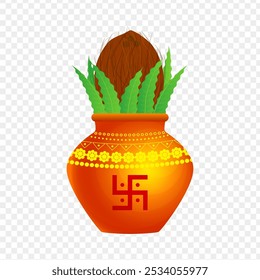 Vector illustration of pot with coconut ashoka leaves and  on transparent background