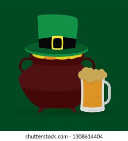 Vector illustration. Pot with coins, green hat and glass of beer. St patricks day concept.