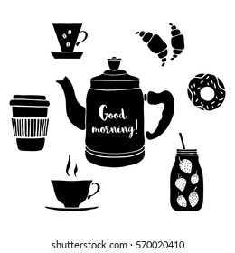 Vector illustration with pot, cups, mason jar, coffee, fruit smoothie, croissants, donut. Hand drawn drinks with a phrase  Good Morning. 