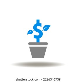 Ilustración vectorial de la olla con moneda en dólares crece o planta. Icono de la tecnología de inversión financiera. Símbolo de inversión de dinero.