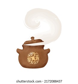 Ilustración vectorial de la olla. Dibujo de una sartén marrón con un patrón y vapor. Imagen de utensilios de cocina para el diseño.
