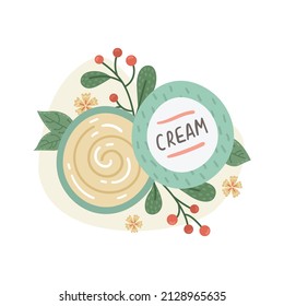 Vector illustration of a pot of face cream with botanical decor. Beauty Industry