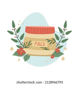 Vector illustration of a pot of face cream with botanical decor. Beauty Industry