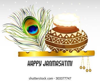 Vector illustration of a pot and Flute for Happy Janmashtmi.