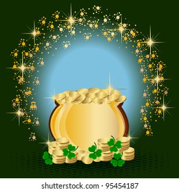 Vector illustration of a pot with full of coins on shiny background for St. Patrick's Day.