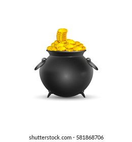 Vector illustration. Pot full of gold coins on St. Patrick's Day on a white background.