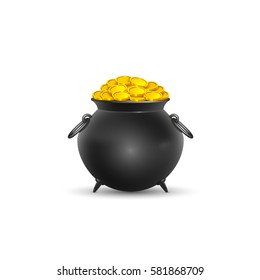 Vector illustration. Pot full of gold coins on St. Patrick's Day on a white background.